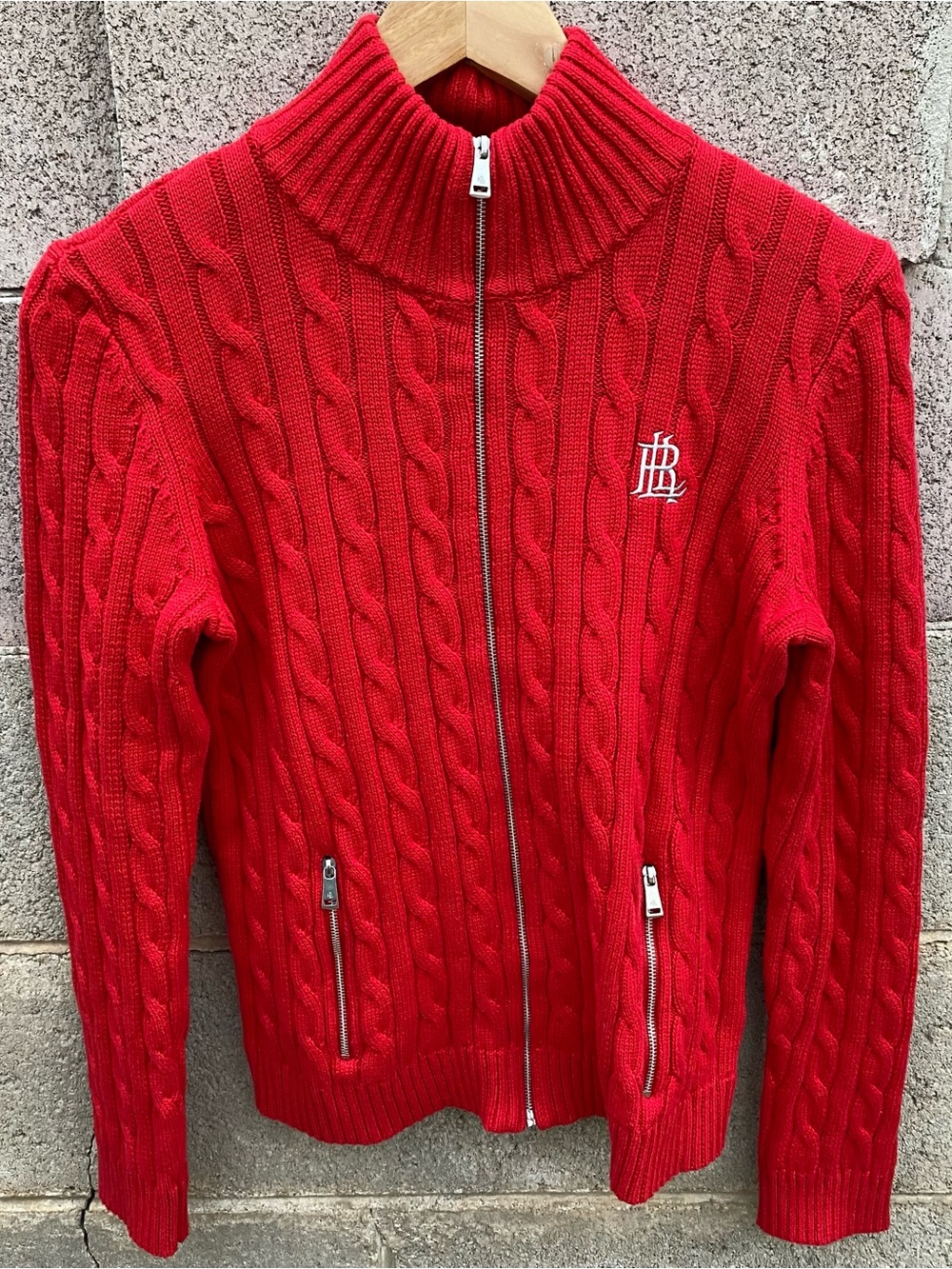Lauren Ralph Lauren Cable Knit Zip Sweater Red Silver Logo Women's Medium
